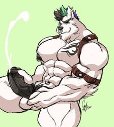 anthro balls canid canine cum cumshot daikitei ejaculation erection facial_piercing hi_res humanoid_penis male male_only mammal masturbation muscular muscular_male nipple_piercing nipples nose_piercing orgasm pecs penis piercing septum_piercing smile solo uncut