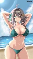 1girls arms_behind_head beach belfedium big_breasts bikini bikini_bottom bikini_top blush cleavage clouds day female female_focus female_only former_idol_corp_member grey_hair heterochromia idol_corp idol_es indie_virtual_youtuber latam_virtual_youtuber looking_at_viewer meica ocean revealing_clothes short_hair smiling_at_viewer standing summer sun swimsuit tanned tanned_female thong_bikini virtual_youtuber vtuber