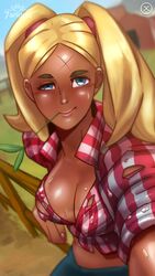 1girls 7_angels blonde_hair blue_eyes breasts cleavage dark-skinned_female dark_skin female female_only forehead_scar large_breasts lipstick nutaku pink_lipstick savannah_(7_angels) scar selfie seven_angels tan tan_skin thick_eyebrows tied_hair torn_clothes twintails wet wet_clothes