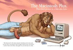 1male abs amber_eyes anthro balls ballsack beefy body_fur chaps circumcised circumcision_scar clothed clothing computer english_text felid floppy_disk functionally_nude humanoid_penis humor leonine leonine_tail lion looking_at_viewer luis_(meesh) macintosh_plus male male_only mammal mane meesh mostly_nude_male muscular_male pantherine penis penis_out pink_background scrotum shirtless simple_background smooth_fur solo solo_male testicles text topless