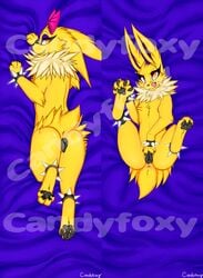 1girls anatomically_correct anatomically_correct_pussy animal_genitalia animal_pussy anus ass back big_ass bow_tie bracelet candyfoxy canine canine_pussy dakimakura eeveelution eyelashes feet female female_only feral fur furry goth half-closed_eyes hi_res jolteon lying makeup mammal nintendo on_back orange_eyes original_character pawpads paws pokémon_(species) pokemon pokemon_rgby presenting purple_background pussy signature spikes teeth text thick_thighs video_games watermark wide_hips yellow_fur