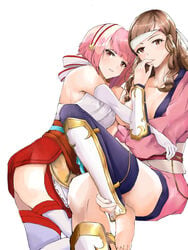 2girls brown_hair finger_in_mouth fire_emblem fire_emblem_fates fire_emblem_heroes hana_(fire_emblem) headband long_hair medium_breasts multiple_girls pink_hair sakura_(fire_emblem) short_hair yuri