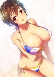 areola_slip areolae bikini blush breast_hold breasts brown_eyes brown_hair cleavage curvaceous erect_nipples exposed_shoulders female huge_breasts idolmaster idolmaster_cinderella_girls kara_(color) large_breasts looking_at_viewer navel nipples oikawa_shizuku open_mouth short_hair side-tie_bikini smile solo swimsuit