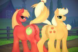 2018 animal_genitalia anus applejack_(mlp) ass balls barn big_macintosh_(mlp) breasts brother brother_and_sister cutie_mark detailed_background duo earth_pony entwined_tails eqamrd equid equine eyelashes farm female fence feral friendship_is_magic fur grass green_eyes hair hi_res horse looking_at_viewer looking_back male mammal my_little_pony nipples nude outside pony puffy_anus pussy raised_tail rear_view red_fur sibling sister smile standing tree yellow_fur yellow_tail