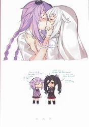 2girls black_heart blue_eyes breasts comic doujinshi english english_text female gebyy-terar green_eyes highres multiple_girls neptune_(neptunia) neptunia_(series) noire purple_hair purple_heart_(neptunia) sex tagme white_hair yuri