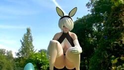 1girls 3d anal_object_insertion animal_ears animated blender bunny_ears easter egg egg_laying eggs fake_ears grand_cupido nier:_automata open_toe_shoes outdoors sound squatting video watermark white_gloves white_hair white_legwear yorha_2b