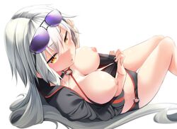 aki_(akikaze_asparagus) bikini black_bikini black_jacket blush breasts cropped_jacket eyewear_on_head fate/grand_order fate_(series) female female_only jacket jacket_pull jeanne_alter jeanne_d'arc_(alter_swimsuit_berserker) jeanne_d'arc_(fate)_(all) large_breasts long_hair looking_at_viewer nipples open_mouth silver_hair simple_background solo sunglasses swimsuit white_background yellow_eyes