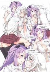 2girls black_heart blue_eyes breasts comic doujinshi english english_text female gebyy-terar green_eyes highres multiple_girls neptune_(neptunia) neptunia_(series) noire purple_hair purple_heart_(neptunia) sex tagme white_hair yuri