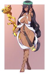 1girls absurd_res big_breasts black_hair breasts celestine_lucross_(cosplay) clothing cosplay curvy dark-skinned_female dark_elf dark_skin elf eliozdherion female female_only hair highres kuroinu_~kedakaki_seijo_wa_hakudaku_ni_somaru~ long_hair olga_discordia red_toenails revealing_clothes solo staff v waru-geli watermark