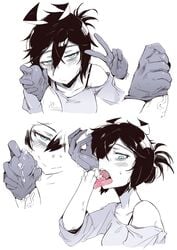 1boy absurdres bags_under_eyes black_hair blue_eyes cum cum_wearing drinking_cum female glovejob gloves handjob highres karasu_raven open_mouth original penis penis_in_glove smile tongue tongue_out v veins veiny_penis