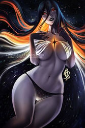 1girls 2018 abs ass black_hole breasts cleavage clothes female female_only glowing_eyes grey_skin looking_at_viewer m87_black_hole muscular muscular_female olchas orange_eyes solo space text thick_thighs thigh_gap watermark wide_hips