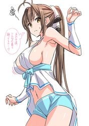 :< amagi_brilliant_park antenna_hair arm_warmers armpits bangs bare_shoulders blush bow breasts brown_eyes brown_hair cosplay cowboy_shot dress embarrassed erect_nipples erect_nipples_under_clothes eyebrows_visible_through_hair eyes_visible_through_hair female frown hair_intakes hairbow hand_up highres horny huge_breasts large_breasts long_hair motion_lines navel revealing_clothes sento_isuzu shiny shiny_hair shiny_skin short_shorts shorts sideboob simple_background solo squiggle standing strap_gap suzutsuki_kurara sweat sylphy_(amaburi) sylphy_(amaburi)_(cosplay) thought_bubble very_long_hair white_background white_dress