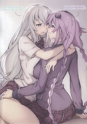 2girls black_heart blue_eyes breasts comic doujinshi english english_text gebyy-terar green_eyes highres multiple_girls neptune_(neptunia) neptunia_(series) noire purple_hair purple_heart_(neptunia) sex tagme white_hair yuri