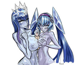 blue_eyes blue_hair blue_skin breast_to_breast crown cum cum_on_body cum_on_breasts cum_on_face cumshot double_paizuri ejaculation ejaculation_between_breasts glacies_(monster_girl_encyclopedia) ice_queen_(monster_girl_encyclopedia) long_hair looking_at_partner monster_girl monster_girl_encyclopedia paizuri penis plasmidhentai