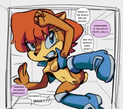 anthro blue_eyes breasts brown_fur bubblybumblebee chipmunk clothed clothing english_text female fur ground_squirrel hair mammal nic-os pussy red_hair rodent sally_acorn sciurid solo sonic_(series) text