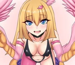 1girls belly_button big_breasts blonde_hair blue_eyes blush breasts cleavage clothed clothing duel_monster eyebrows_visible_through_hair female female_only hair_ornament harpie_girl harpy kataarmd_(qr) light-skinned_female light_skin looking_at_viewer monster_girl nipple_bulge open_mouth solo wings yu-gi-oh!