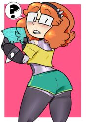 1girls bluejr blush buddyrobo clothing freckles glasses orange_hair robobuddies