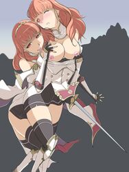 2girls blush breasts breasts_out celica_(fire_emblem) corruption dark_persona duma_(fire_emblem) female fire_emblem fire_emblem_echoes:_shadows_of_valentia fire_emblem_gaiden licking long_hair multiple_girls orange_eyes orange_hair possessed possession selfcest simple_background sword tiara yuri