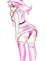 back_view breasts colored embarrassed female female_focus female_only fossil_fighters frilled_panties fully_clothed mature_female medium_breasts nintendo panties pantyshot pink_clothing pink_eyes pink_hair rosie_richmond_(fossil_fighters) skirt stockings tagme unknown_artist