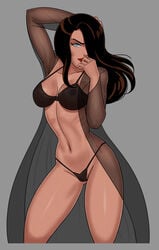 1girls arm_up batman:_the_animated_series batman_(series) belly_button big_breasts black_bra black_lingerie black_panties black_thong blue_eyes bra breasts brown_hair busty cleavage dc dc_comics dcau female female_only finger_to_mouth front_view game_cg human large_breasts lingerie lipstick long_hair mature mature_female midriff milf mother navel nipples nipples_visible_through_clothing panties pinup red_lips red_lipstick see-through see-through_clothing see-through_top sheer sheer_clothing smile smiling solo something_unlimited standing stomach sunsetriders7 supervillain talia_al_ghul talia_al_ghul_(dcau) thighs thong