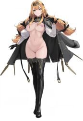 ash_arms belt black_boots black_gloves black_ribbon boots breasts brown_hair character_request cleft_of_venus closed_mouth commentary_request female full_body gloves green_eyes hair_ornament hair_ribbon jacket jacket_on_shoulders long_hair looking_at_viewer naked_jacket navel nipples pussy ribbon simple_background smile solo standing stomach thigh_boots ushas white_background