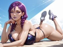 ai_generated ass beach bikini blue_sky braid breasts cleavage cloud day earrings feet_up female g-string huge_breasts jewelry k/da_all_out_kai'sa kai'sa large_breasts league_of_legends lips long_hair looking_at_viewer lying ocean on_stomach outdoors parted_lips purple_bikini purple_eyes purple_hair purple_lips purple_nails shoes sky sneakers solo string_bikini swimsuit the_pose thong thong_bikini trinity_vermilion twin_braids