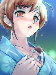 ahoge blush breasts brown_eyes brown_hair cleavage giantess in_cleavage kimono macro_female micro_male micro_on_breasts micro_on_macro miniboy miniguy shared_clothes short_hair sweat teston underneath_clothing