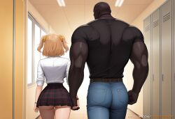 1boy ai_generated artist_name ass bald belt black_shirt black_skirt blonde_hair blue_pants burnice_white collared_shirt cowboy_shot dark-skinned_male dark_skin denim facing_away female from_behind hair_ornament hair_scrunchie height_difference holding_hands indoors interracial jeans juliatitusart locker long_sleeves manly miniskirt muscular muscular_male orange_scrunchie panties pants plaid plaid_skirt pleated_skirt school_uniform scrunchie shirt shirt_tucked_in short_hair short_sleeves skirt sleeves_rolled_up standing straight thigh_gap thighs twintails two_side_up underbutt underwear watermark web_address white_panties white_shirt window yellow_scrunchie