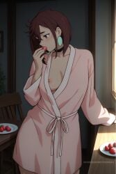 1girls ai_assisted anime anime_style ayase_momo brown-haired_female brown_eyes brown_hair chair choker dandadan earnings eating female hair hair_between_eyes kitchen medium_breasts nipples one_breast_out pink_robe quality red_eyes robe robe_only sexy sexy_body sexy_pose short_hair soft_lighting solo solo_female strawberry