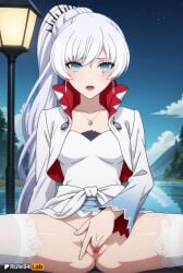 1girls ai_generated anus artist_name blue_eyes blush breasts clothes_lift collarbone cropped_jacket dress earrings female female_masturbation fingering hi_res jewelry lamppost long_hair long_sleeves looking_at_viewer masturbation necklace no_panties open_mouth outdoors patreon_logo ponytail pussy rule34lab rwby rwby_ice_queendom scar scar_across_eye scar_on_face side_ponytail sitting sky small_breasts solo spread_legs thighhighs uncensored weiss_schnee white_dress white_hair white_thighhighs