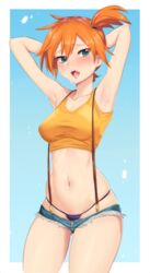 1girls abs armpits arms_up bloomers blue_eyes blush breasts clothed female female_only green_eyes human human_only kasumi_(pokemon) looking_at_viewer open_mouth orange_hair pokemon pokemon_rgby ponytail red_hair risenegi shirt shorts suspenders sweat thick_thighs wide_hips