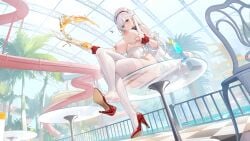 apron ass azur_lane belfast_(azur_lane) belfast_(blissful_service)_(azur_lane) blush braid breasts breasts_out broken cg chains checkered_floor cocktail_glass collar crossed_legs cup drinking_glass feet female french_braid frilled_apron frilled_gloves frills from_below full_body garter_belt garter_straps gloves high_heels holding lactation large_breasts legs long_hair looking_at_viewer maid maid_headdress nipples palm_tree purple_eyes red_footwear red_gloves shoe_dangle shoes single_shoe sitting solo table thighhighs thighs white_apron white_hair white_thighhighs