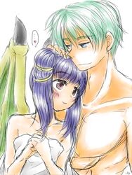 1boy 1girls abs bath blue_eyes blue_hair blush dragon dragon_girl ephraim_(fire_emblem) female fire_emblem fire_emblem:_the_sacred_stones male manakete more_at_source muscular myrrh_(fire_emblem) naruki_takao petite purple_hair red_eyes short_hair small_breasts smile straight towel wing