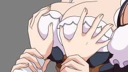 1girls 1other animated anime bouncing_breasts breasts cleavage commentary_request detached_sleeves eishin_flash_(meisterschaft)_(umamusume) eishin_flash_(umamusume) female german_clothes god_or_devil grabbing_another's_breast grey_background groping guided_breast_grab guiding_hand head_out_of_frame large_breasts looping_animation official_animation official_art omamori_himari parody simple_background tagme umamusume video