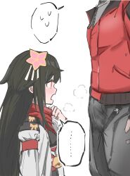... 1boy 1girls black_hair blush bulge bulge_through_clothing clothing commander_(girls'_frontline) feet_out_of_frame female girls'_frontline girls'_frontline_2:_exilium hair_ornament height_difference jacket long_hair looking_at_another lower_body male nervous_sweat open_mouth pants red_eyes sakura_(girls'_frontline_2) shocked shocked_expression speech_bubble steam steaming_body type_100_(girls'_frontline) upper_body yby914234