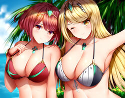 2girls armpits bangs bare_shoulders beach bikini blonde_hair blue_sky blush bracelet breasts cleavage closed_mouth cloud collarbone commentary day eyebrows_visible_through_hair gem hair_between_eyes hair_ornament headpiece highres holding jewelry large_breasts leaf long_hair looking_at_viewer multicolored multicolored_clothes multiple_girls mythra nintendo ocean one_eye_closed outdoors palm_tree pyra red_eyes red_hair self_shot short_hair sky smile swept_bangs swimsuit tiara tree water wsman xenoblade_(series) xenoblade_chronicles_2 yellow_eyes