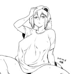 2019 animal_humanoid araiguma-san big_breasts bottomless breasts clothed clothing female greyscale hair half_naked humanoid mammal monochrome nipple_outline procyonid procyonid_humanoid pubes raccoon_humanoid shirt short_hair signature sitting solo striped_tail stripes topwear tsukudani_(coke-buta) wet