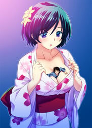 bangs blue_eyes blue_hair blush cleavage giantess kimono large_breasts macro_female micro_in_cleavage micro_male micro_on_macro miniboy person_between_breasts shared_clothes short_hair size_difference smaller_male sweat teston underneath_clothing