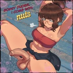 armpits arms_up big_balls big_breasts big_penis brown_hair cleavage dickgirl english_text futa_only futanari glasses imminent_fellatio imminent_oral johnv looking_at_viewer pent_up precum sagging_balls solo sweater_around_waist throbbing_penis veiny_penis zoey_(johnv)