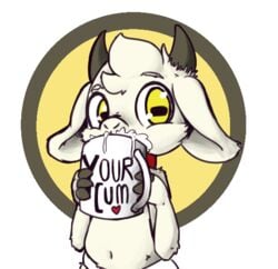 ambiguous_gender ambiguous_only anthro bovid briefs caprine clothing collar cum cum_in_container cum_in_mouth cum_inside cup drinking drinking_cum fur goat heart holding_object horizontal_pupils horn mammal simple_background solo underwear vono white_fur yellow_eyes young