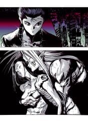 2boys absurdres bandaged_arm bandages breasts cityscape closed_eyes closed_mouth collarbone dated female grabbing_another's_breast groping headband hiei4455 highres jacket long_hair multiple_boys pointy_ears raizen_(yu_yu_hakusho) short_hair straight sweat tattoo urameshi_atsuko urameshi_yusuke yu_yu_hakusho
