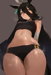 1girls ahoge ai_generated bandaged_arm bandages bangs black_hair black_shorts blush breasts closed_mouth from_below hair_between_eyes long_hair looking_at_viewer manhattan_cafe_(umamusume) navel simple_background small_breasts solo sportswear sweat thick_thighs thighs umamusume yellow_eyes