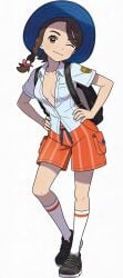 1girls ai_generated braid brown_eyes brown_hair button_down_shirt cleavage female female_only hands_on_hips hat high_socks juliana_(pokemon) plunging_neckline pokemon school_uniform shoes shorts small_breasts smile socks solo unbuttoned unbuttoned_shirt white_shirt wink winking winking_at_viewer