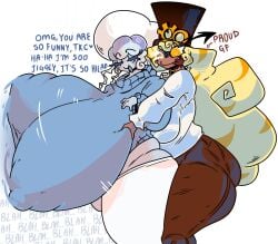 breasts_bigger_than_head breasts_bigger_than_torso cookie_run cookie_run_kingdom cookie_run_ovenbreak digital_drawing_(artwork) digital_media_(artwork) frilled_jellyfish_cookie grabbing_breasts grabbing_from_behind huge_breasts moonrainum shaking_breasts smug tagme talking text timekeeper_cookie tongue_out valentines_day yuri