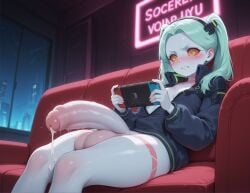ai_art ai_generated annoyed annoyed_expression balls ballsack blue_hair busty civitai clenched_teeth cock colored_skin couch cum_drip cum_string curvy curvy_figure cyberpunk:_edgerunners cyberpunk_(series) cyberpunk_2077 dickgirl dickgirl_focus foreskin futa_focus futanari gaming half-dressed half-erect half_dressed half_naked half_nude hi_res high_quality high_resolution highres huge_cock living_room nintendo nintendo_switch patreon penis penis_out precum precum_drip precum_string rebecca_(edgerunners) self_upload sitting sitting_down solo solo_focus stable_diffusion twintails uncensored uncircumcised uncut upscaled voluptuous voluptuous_futa yuckle