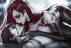 ai_art ai_assisted ai_generated aisei artistic_background artistic_nude beautiful_sadness blood_drip blood_on_face choker couple couple_(romantic) couple_love crying crying_blood death dramatic dramatic_pose forsaken garen_crownguard glass holding_head inspired_by_music_album katarina_(league_of_legends) katarina_du_couteau laying_on_back laying_on_breasts laying_on_ground league_of_legends league_of_legends:_wild_rift light sad shattered shattered_face tears