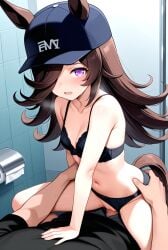 1boy 1girls ai_generated black_bra black_panties bra brown_eyes cap chitoque clothing cow_girl cowgirl_position deep_penetration emo hand_on_ass hand_on_hip headwear high_resolution hip_grab horse love one_eye_closed petite public public_restroom purple_eyes restroom_stall rice_shower_(umamusume) riding sex shiny_skin side_boob skirt small_breasts spread_legs standing suggestive sweat sweatdrop toilet toy umamusume umamusume_pretty_derby vaginal_penetration vaginal_sex