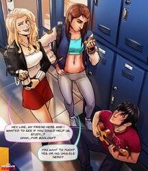 2girls acoustic_guitar andava andavaverse backpack bag best_friends blonde_hair blue_eyes braces brianna_(andava) brown_hair choker crop_top dominant_female elric_(onewing) erica_andreyko female guitar hallway letterman_jacket lockers looking_down looking_to_the_side looking_up male musical_instrument necklace nerd nervous sassy sitting_on_floor skirt sweat text text_bubble ukulele yoga_pants