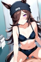 1boy 1girls ai_generated black_bra black_panties bra brown_eyes cap chitoque clothing cow_girl cowgirl_position deep_penetration emo headwear high_resolution horse love one_eye_closed petite public public_restroom purple_eyes restroom_stall rice_shower_(umamusume) riding sex shiny_skin side_boob skirt small_breasts spread_legs standing suggestive sweat sweatdrop toilet toy umamusume umamusume_pretty_derby vaginal_penetration vaginal_sex