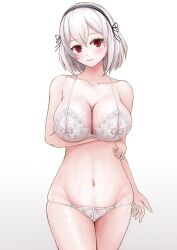 arm_under_breasts azur_lane bare_shoulders blush bra breast_hold breasts cg cleavage closed_mouth collarbone cowboy_shot female gradient_background groin hair_between_eyes hairband head_tilt lace lace-trimmed_bra lace-trimmed_hairband lace-trimmed_panties lace_trim large_breasts looking_at_viewer navel panties red_eyes short_hair simple_background sirius_(azur_lane) smile solo standing underwear underwear_only white_background white_bra white_hair white_panties